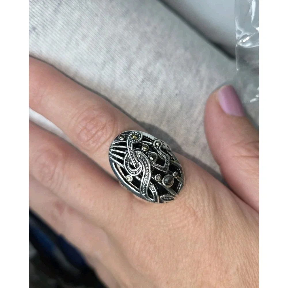 Large Oval Silver Tone And Marcasite Ring. Ornate. Musical Notes. Unique....